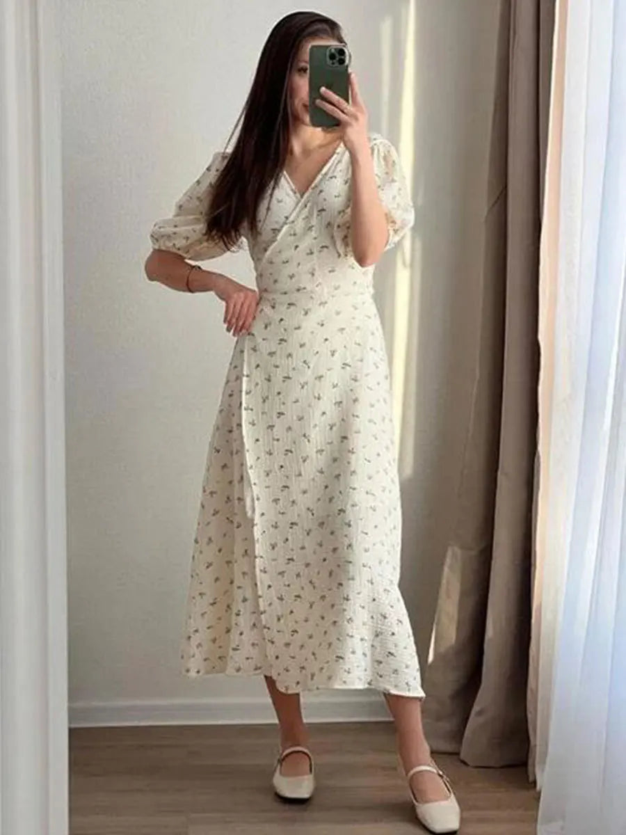 Aiertu  -  Women's V-neck Short Sleeve Floral Printed Cotton Dress Fashion Streetwear 2026 High Waist Bandage A-line Long Holiday Dresses Aiertu