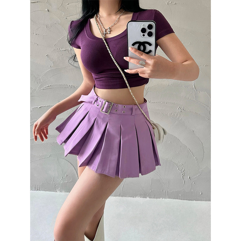 Aiertu Solid Color Pleated A-Line Low Waist Mini Skirt Aiertu