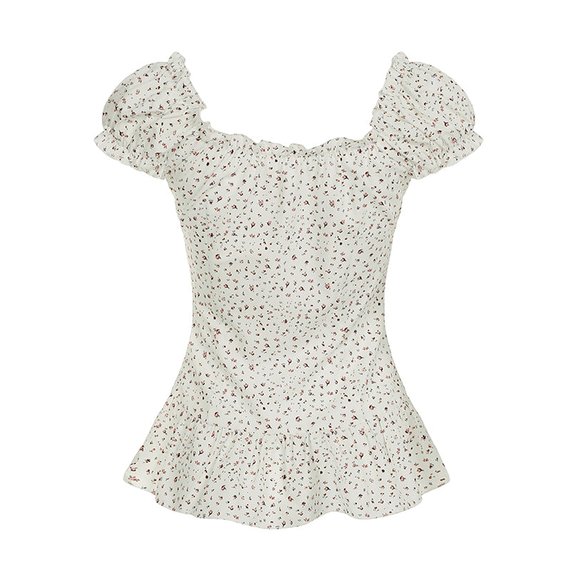 Aiertu  -  -Aiertu  -  -  Floral Print Ruched A-line Blouse French Style Single-breasted Short Sleeve Top Chic Slimming Tie-up Collar Shirts Cute Aiertu