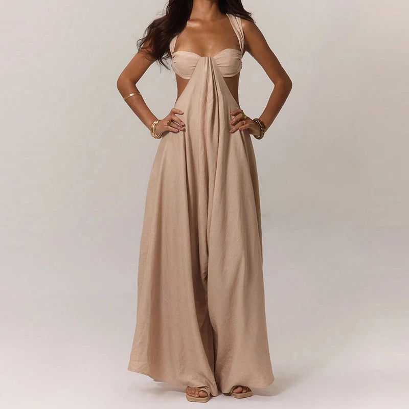 Aiertu  -  Women Elegant Hollow Backless Solid Color Long Romper Sexy Off Shoulder Party Jumpsuit Casual Sleeveless Wide Leg Loose Playsuit Aiertu