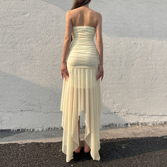 Aiertu  -   Asymmetric Mesh Patchwork Tube Dress Yellow Green Color Strapless A-line Long Dresses for Party Holiday Elegant Robe Aiertu