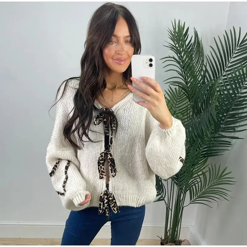 Aiertu     -  Fall Outfits 2026 Leopard Lace Up Cardigans Women Loose Long Lantern Sleeve V-neck Heart Print Patchwork Sweater 2026 Autumn Solid Female Knitwear Aiertu