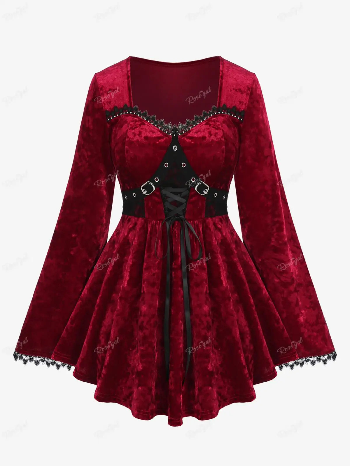 Aiertu  -  Plus Size Velvet Top Deep Red T-shirt Grommets Buckle Lace-up Rivet Lace Trim Flare Sleeve Tee For Women  New Arrive Aiertu