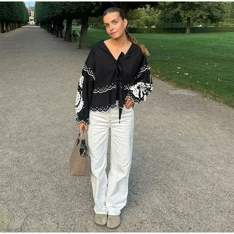 Aiertu  -  Casual Lace Up Women Embroidery Blouse V-neck Lantern Sleeve Blouse Wave Cut Eyelet Female Tops 2026 Spring Fashion Female Tops Aiertu