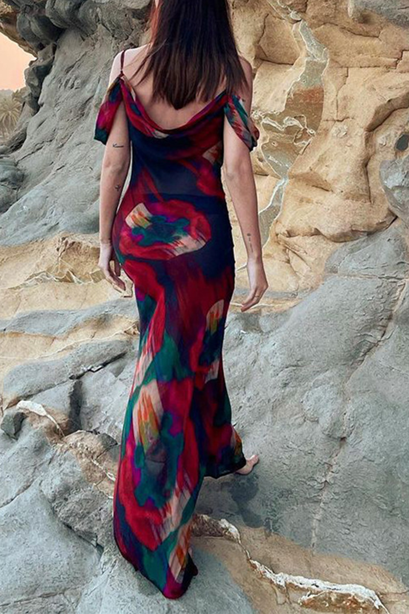 Aiertu  -  Fashion Print Patchwork Spaghetti Strap Trumpet Mermaid Dresses Aiertu