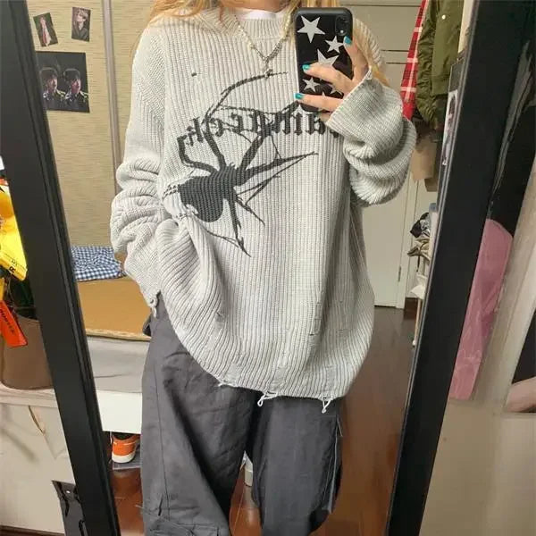 Aiertu  -  High End Fashion Popular All Match Vintage American Sweaters Y2k Aesthetic Print Harajuku Punk Women Loose Pullovers Knitted Tee Aiertu