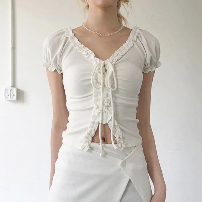 Aiertu  Women Y2k Aesthetic Ruffled Bandage T-shirt Summer Harajuku Fairy Vintage Slim Fit Tees Grunge Cropped Pleated Tops Streetwear Aiertu
