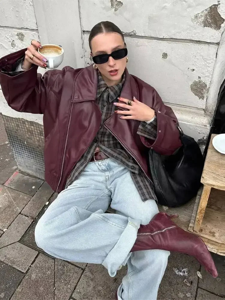 Aiertu  -  Women's Pu Leather Jacket Chery Red Lapel Long Sleeved Zipper Motorcycle Cropped Coat 2026 Autumn New Lady Street Outwears Aiertu