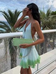Aiertu  -  Green Gradient Hollow Out Pleated Halter Mini Dress Women Sexy Deep V-neck Backless Sleeveless Dresses Female Vacation Robe 2026 Aiertu