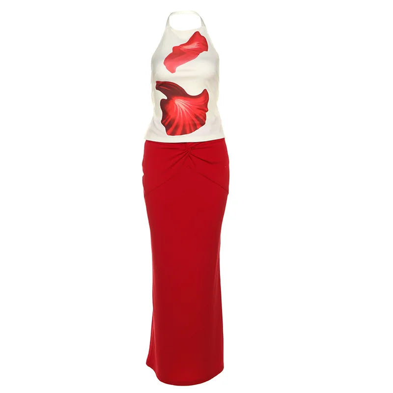 Aiertu  -  Flower Print Dress Sets For Women Slim High Waist Skirt And Sexy Backless Bodycon Tank Tops 2 Piece Suits Vacation Dress Aiertu