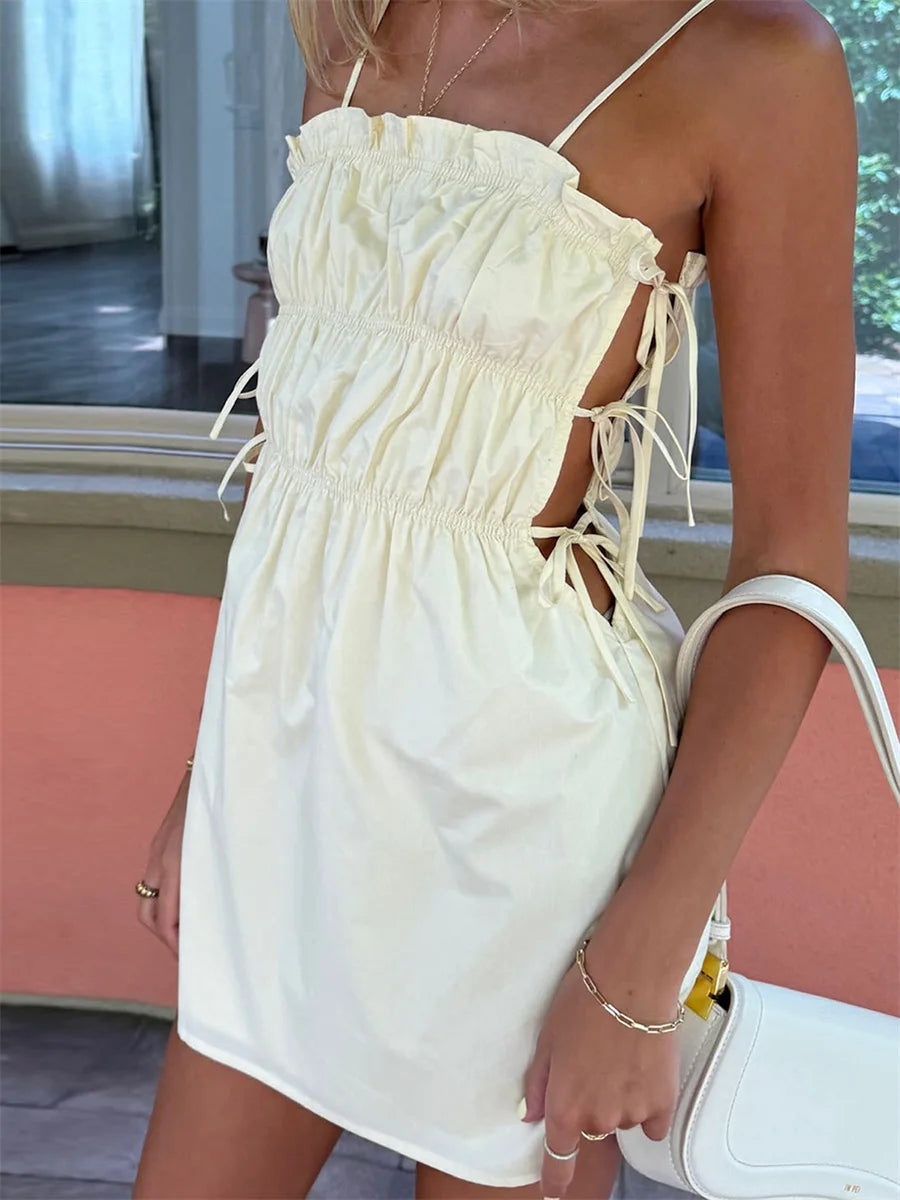 Aiertu  -  Elegant Sleeveless V-Neck Dress with Ruffle Trim and Lace-Up Back Detail for Women s Summer Party Outfit Aiertu
