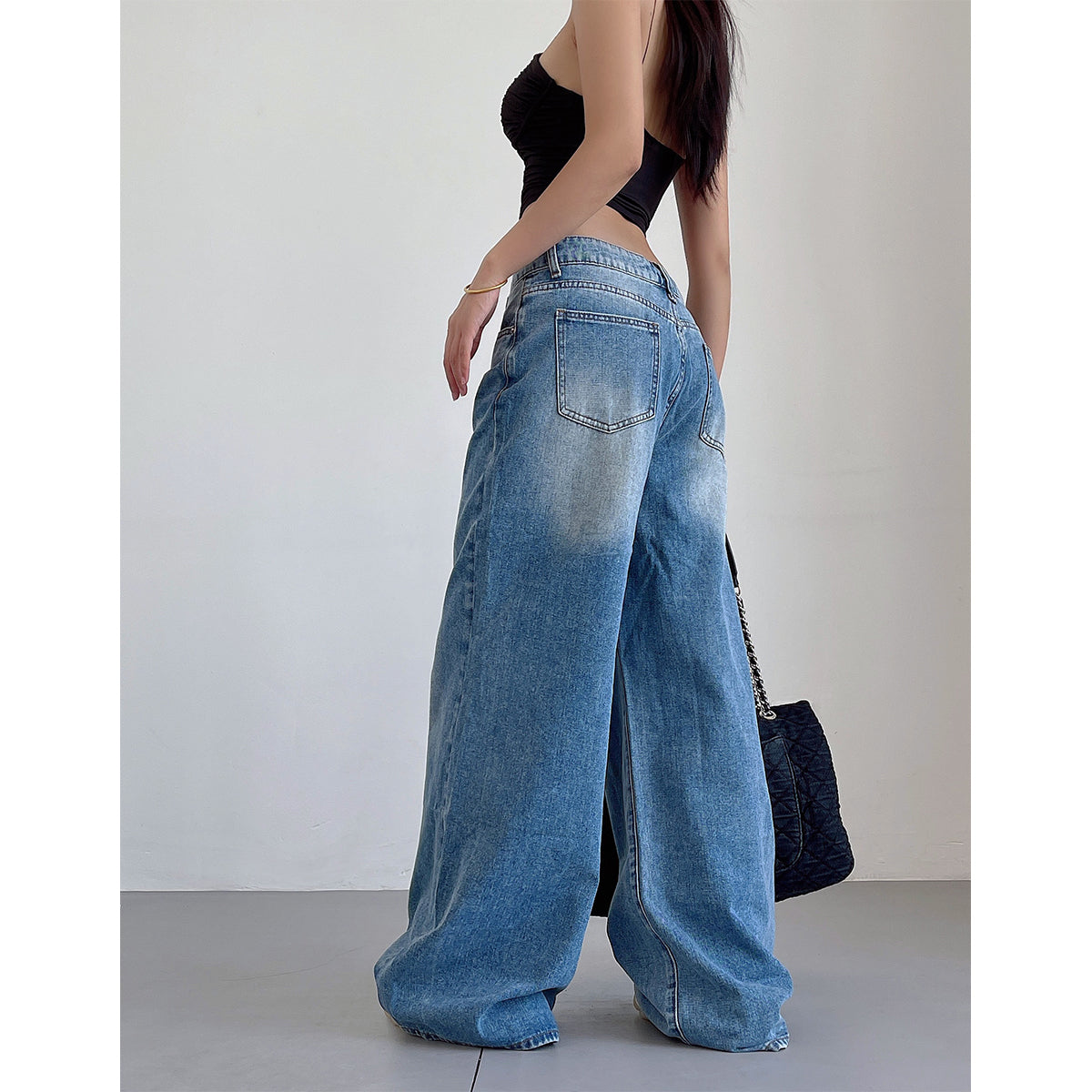Aiertu Denim Blue Washed Low Rise Straight Leg Jeans Pants Aiertu