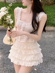 Aiertu  -  Sweet Women's Summer New Fashion Patchwork Ruffles Lace Hollow Out Sleeveless Slim Suspenders Tops Cake Half Skirt Two Piece Set Aiertu