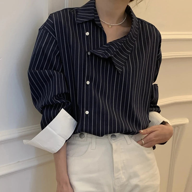 Aiertu  -  Blusas De Mujer Retro Irregular Neck Contrasting Striped Shirts Blouse Spring New Tops Roupas Femininas Chic Loose Shirt Aiertu