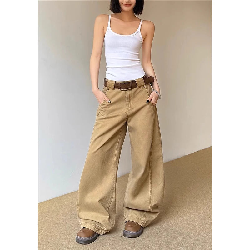 Aiertu  American Vintage 2000s Style High Waist Camel Jeans Pants Summer Fashion Women's Baggy Y2K Wide Leg Denim Trouser Female Clothes Aiertu
