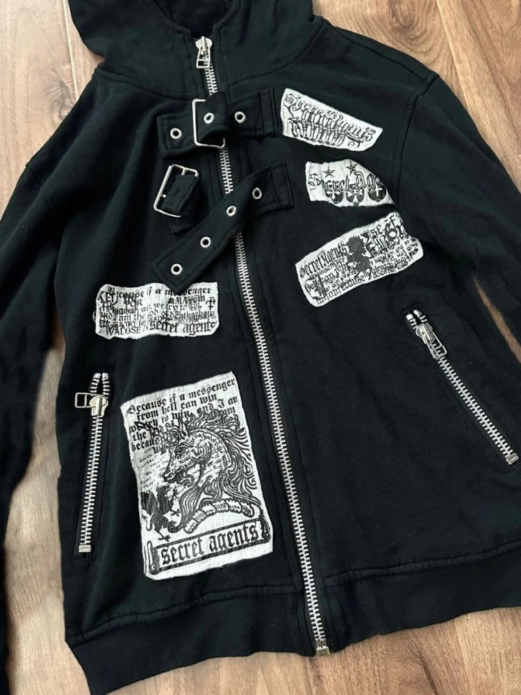 Aiertu  -  Vintage Skull Printing Harajuku Hoodies Preppy Style Casual Zipper Hooded Jacket Y2k Aesthetic Pocket Sweatshirt Women Grunge Aiertu
