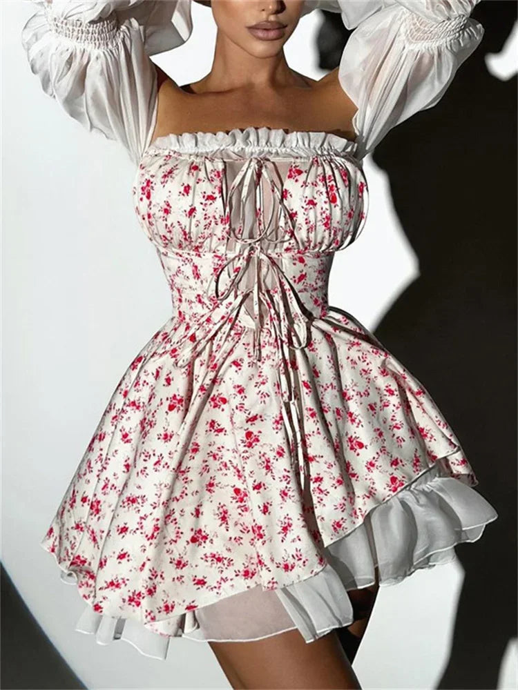 Aiertu  -  Fashion Printed Off-Shoulder Mini Dress Women's Ruffled See-Through Long Sleeve Bandage Patchwork Dress Female Clothes New Aiertu