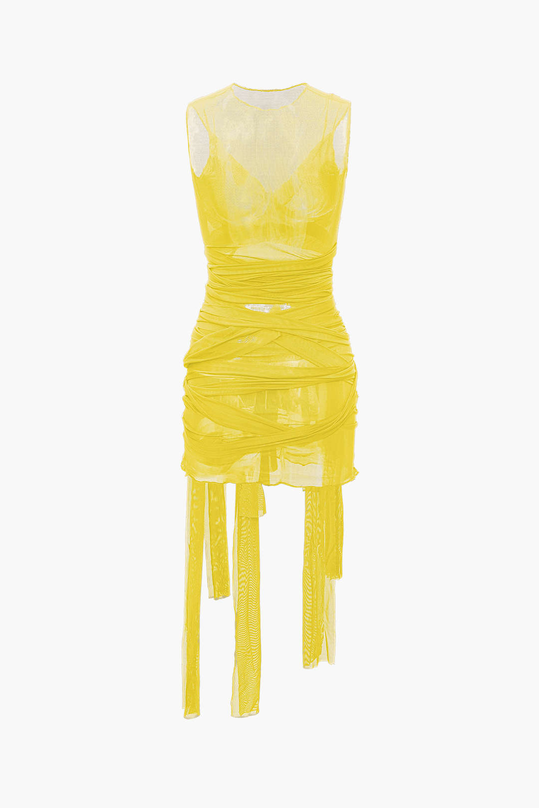 Aiertu  Sheer Mesh Wrap Tie Ribbon Mini Dress Aiertu