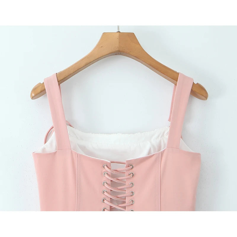 Aiertu  -  Sweet Girl Lace Up Pink Princess Mini Dress Women Sexy Sleeveless Low Waist A-line Mini Summer Dresses Party Robe Aiertu