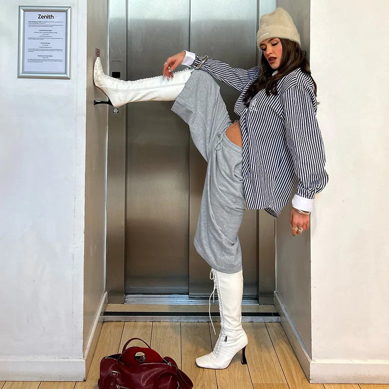 Aiertu  -  Gray Pants Comfy Baggy Capri Pants for Woman Clothing Loose Drawstring Wide Leg Trousers P85-CZ29 Aiertu