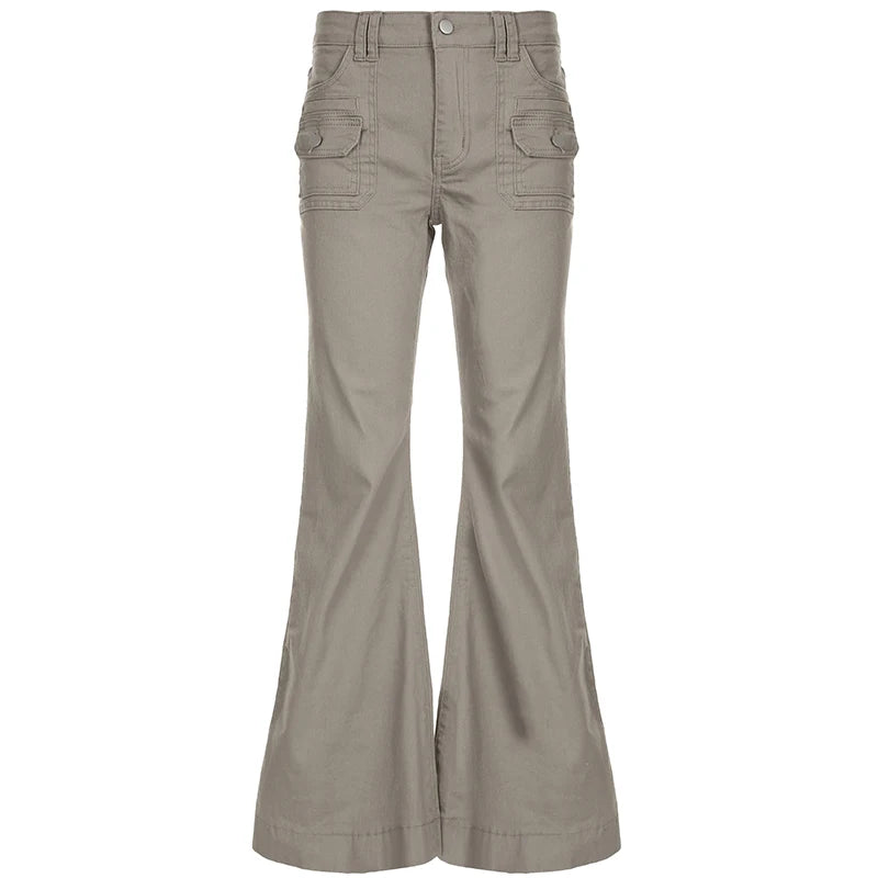 Aiertu  -  Y2K Flare Jeans with Pockets Women Stylish 2000s Vintage Khaki Slim Fit Denim Trousers Spring High Street Pants Lady Aiertu