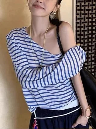 Aiertu  -  Blue and white striped sexy shoulder T-shirt women's summer thin design loose and thin versatile top Aiertu