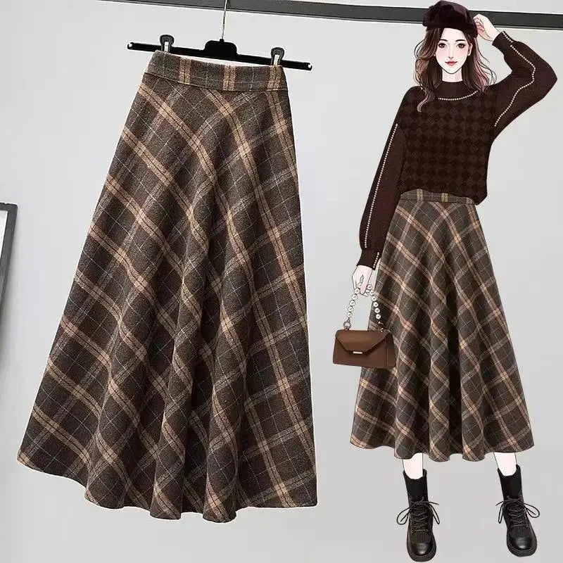 Aiertu Autumn Winter Woolen Skirt Women Korean Style Thick High Waist Long Skirt Woman A Line Pleated Plaid Skirt Female Aiertu