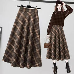 Aiertu Autumn Winter Woolen Skirt Women Korean Style Thick High Waist Long Skirt Woman A Line Pleated Plaid Skirt Female Aiertu