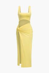 Aiertu  Solid Twist Front Cut Out Slit Midi Dress Aiertu