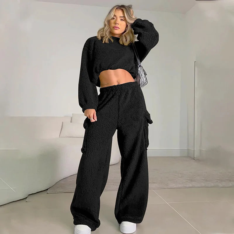 Aiertu      -  Solid Plush Long Sleeve Sweatshirt Trousers Two-Piece Set Female Casual Crop Top Matching Set Lady Autumn Winter Warm New Aiertu