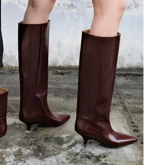 Aiertu    -  Burgundy Patent Leather High-Top Long Boots For Women Wine Red Pointed Toe Slip On Botas Largas De Mujer Kitten Low Heels Mature Aiertu