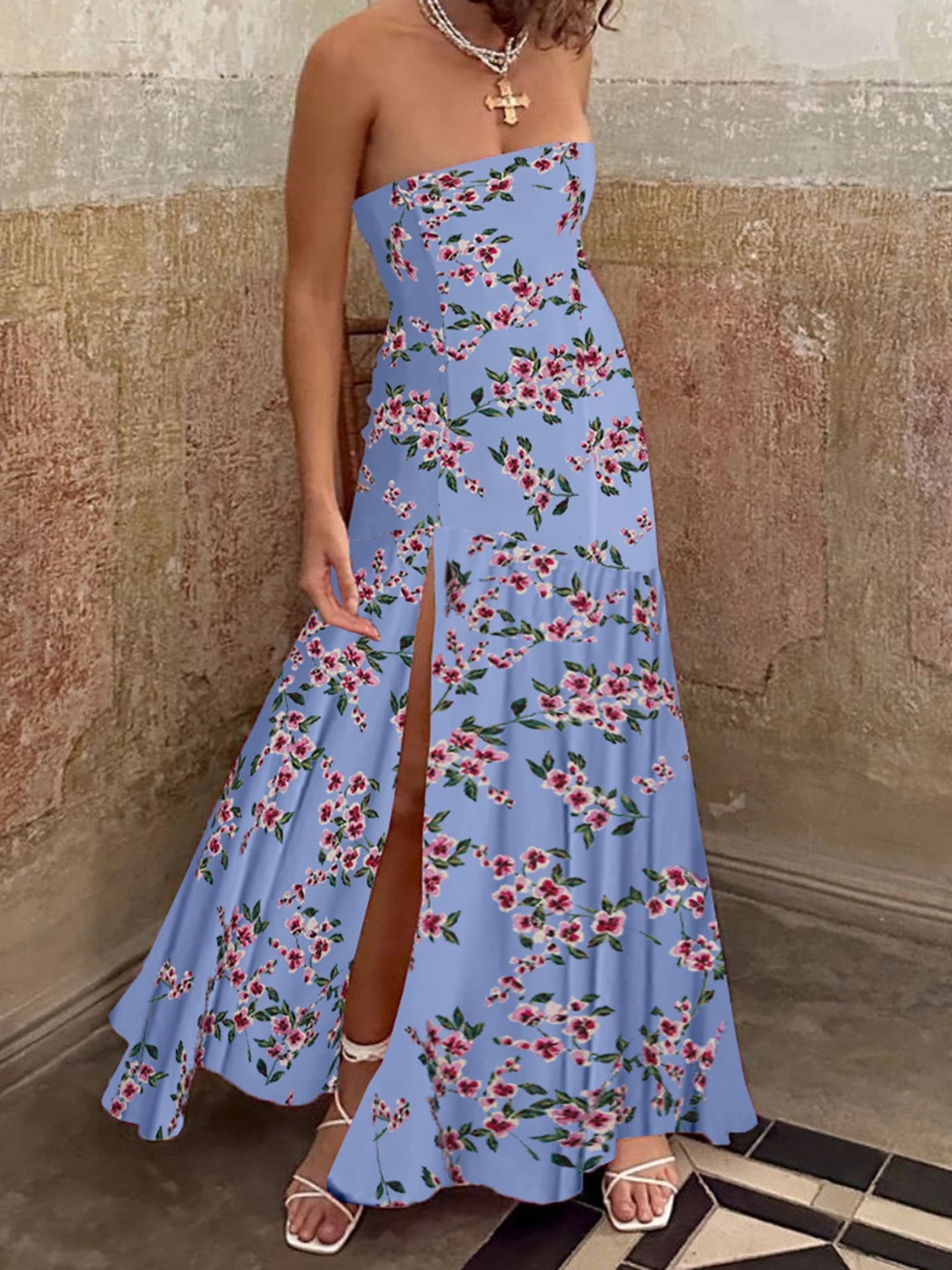 Aiertu  -   Women Off Shoulder Ruffle Dress Elegant Floral Print High Low Hem Maxi Dress for Wedding Party Prom Evening Gown Beach Aiertu