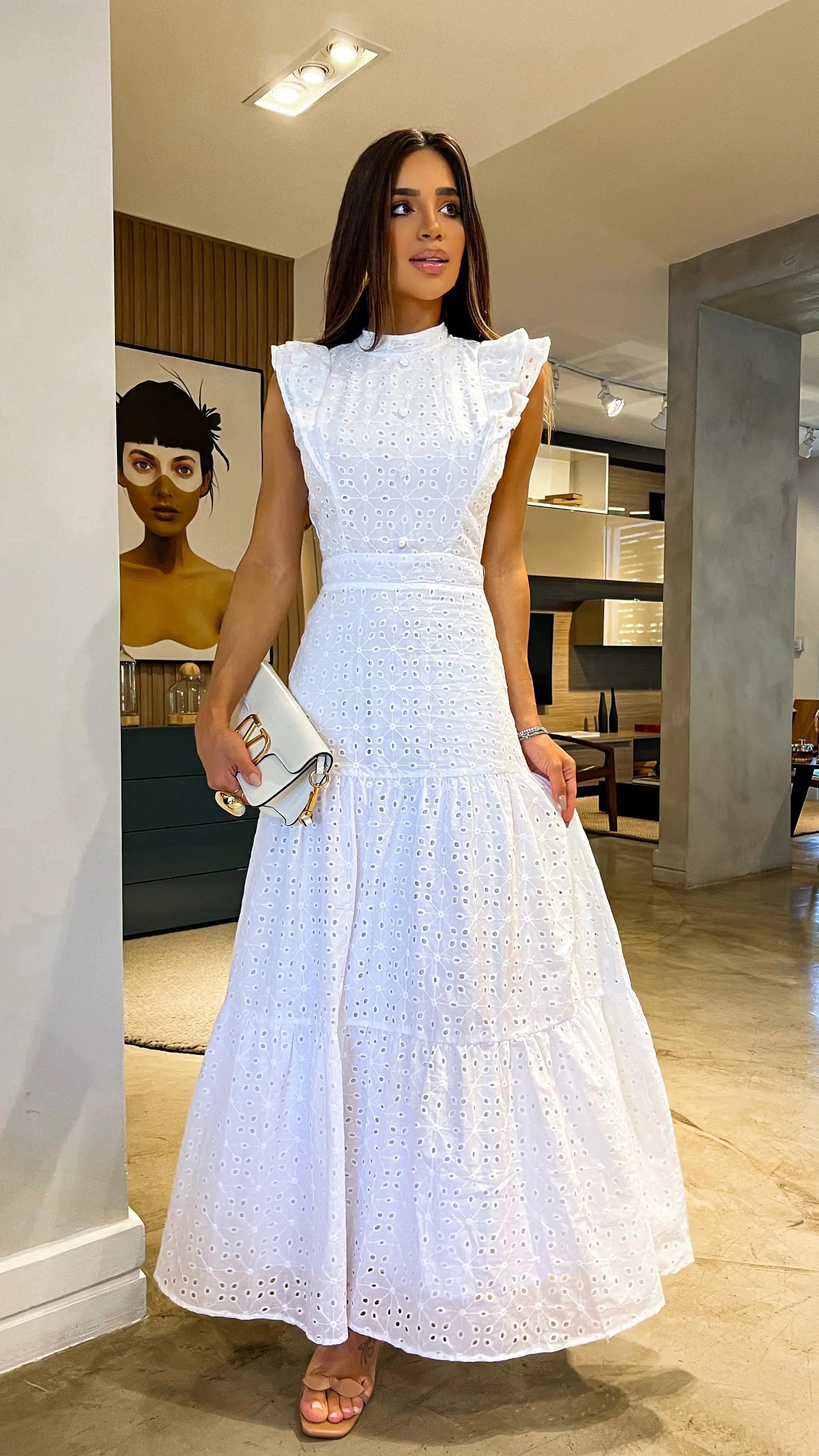 Aiertu  Bohemian Solid Hollow Out Elegant Women Dress O Neck Flying Sleeve Button Long Dress Summer Chic Casual Beach Women Clothing Aiertu