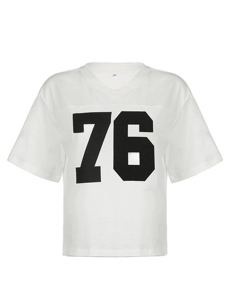 Aiertu - summer inspo Digital Print Casual Loose White T Shirts For Women V Neck Short Sleeve Preppy Streetwear Summer Top Tees Football Jersey Aiertu
