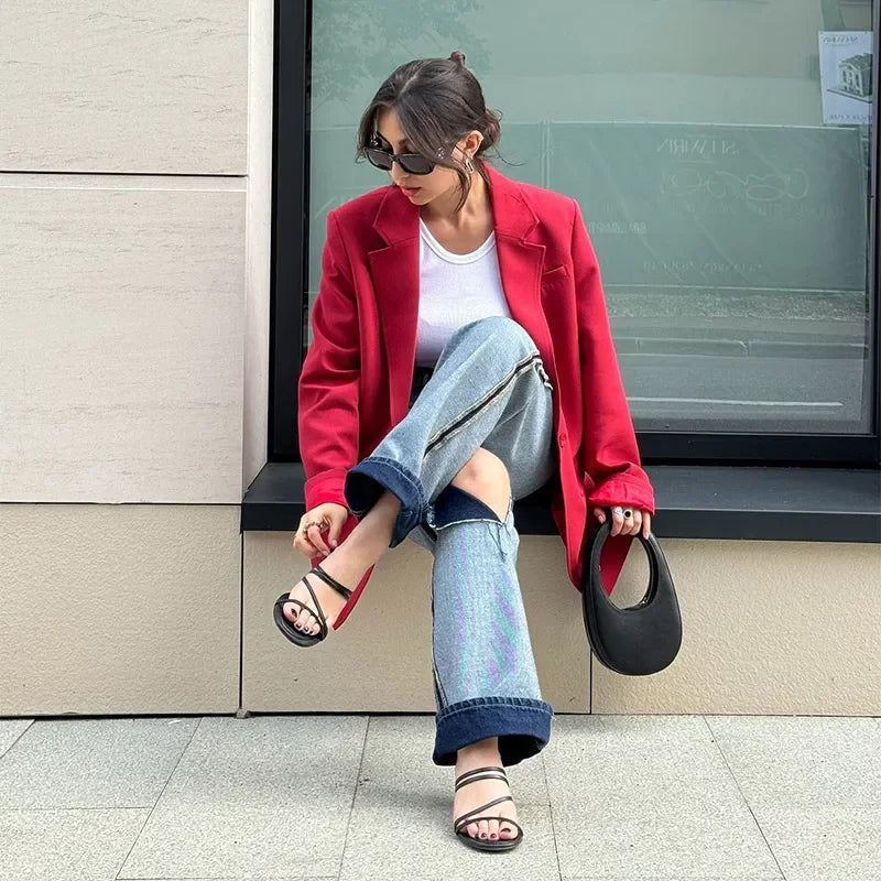 Aiertu  -  Elegant Red Lapel Blazer Coats Women Loose One Button Long Sleeve Solid Jackets 2026 Autumn New Female Urban Tops Streetwear Aiertu