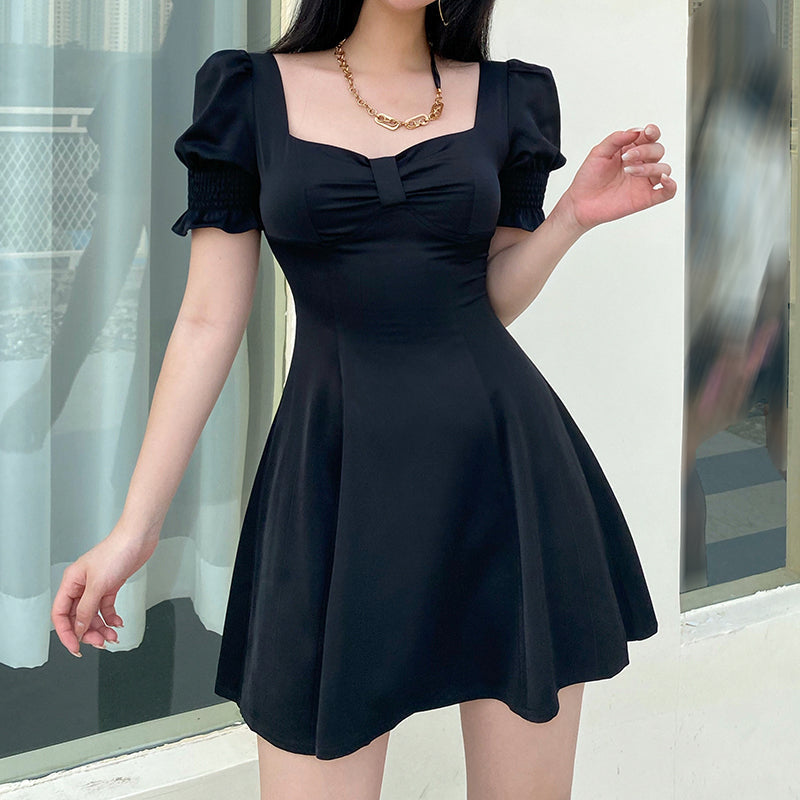Aiertu - Retro Square Neck Black Bow Puff Sleeve Dress Aiertu