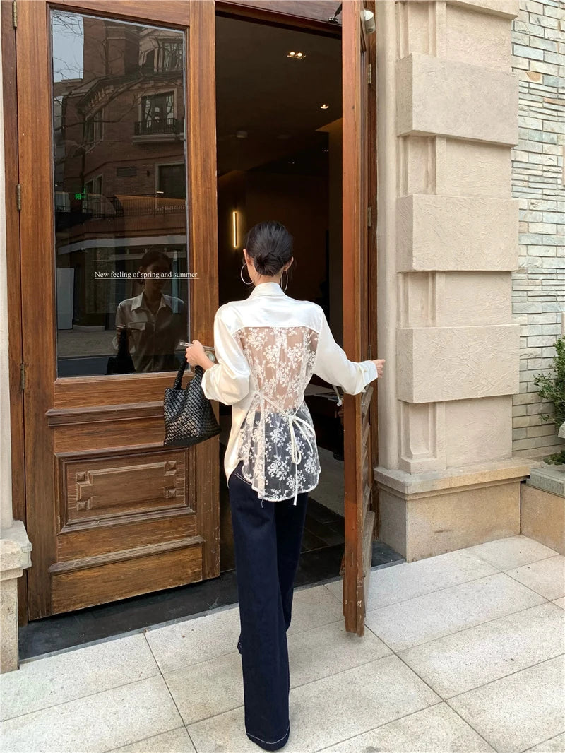 Aiertu  Elegant Shirts Women Vintage Sexy Lace Backless Bandage Blouses Summer Korean Hollow Out Long Sleeve Design Casual Tops Aiertu