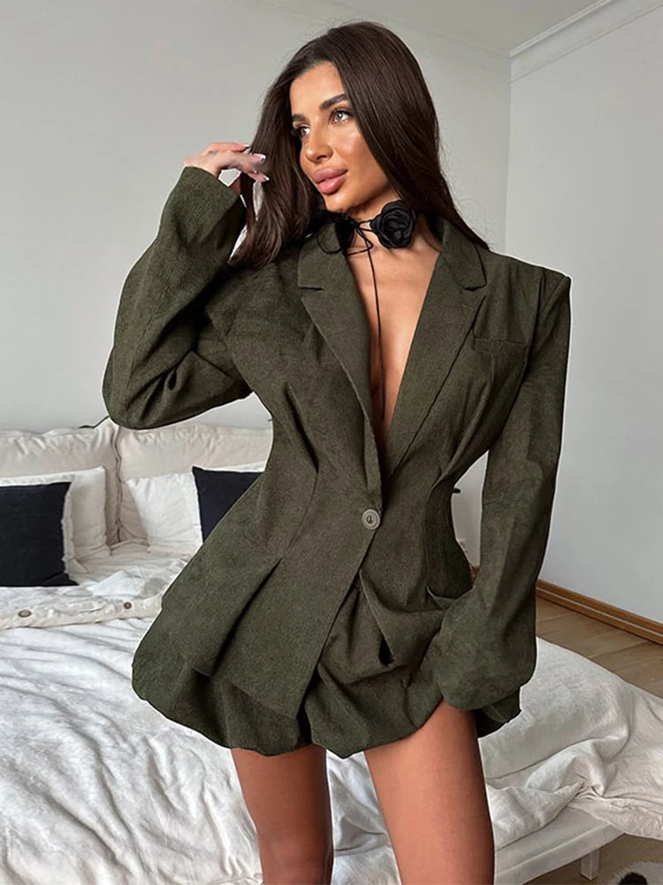 Aiertu  Elegant Jacket Skirt Sets Woman Fashion Deep V Long Sleeve Single Button Slim Blazer Mini Flower Bud Skirts Lady 2 Piece Set Aiertu
