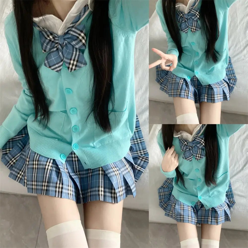 Aiertu 3Pc Set Japanese Korean School Uniforms Multicolor Sweater&Plaid Pleat Skirt with Bow Jk Uniform Suit Graduation Costumes Women Aiertu