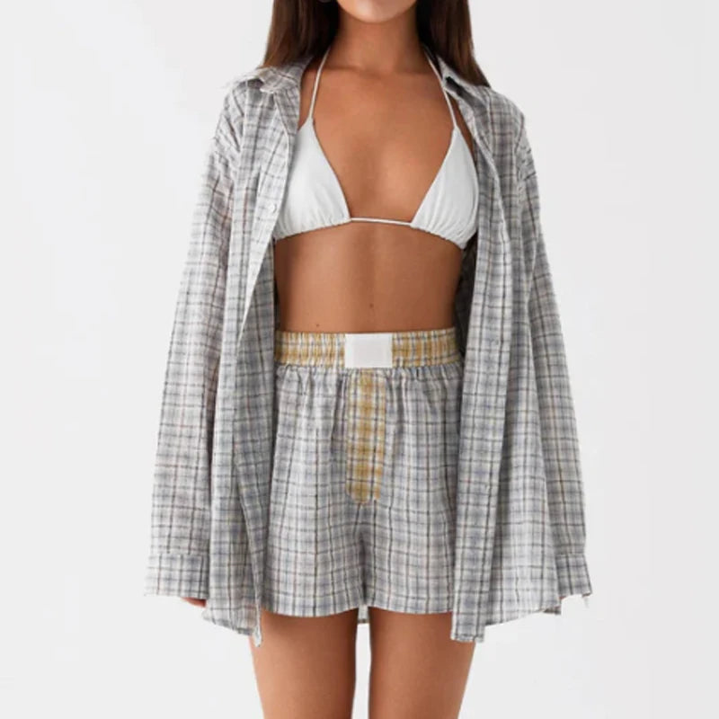 Aiertu  -  Casual Lounge Set Plaid Patterm Button Down Long Sleeve Blouse T-shirt Tops + Wide Leg Shorts Comfy 2 Piece Set Women Outfits Aiertu