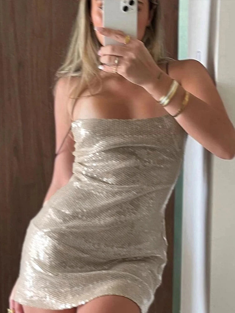 Aiertu  -  party look snspos Sequins Slim Women Mini Dresses Sling Square Collar Female Dress2024 Summer Club Sexy Hip Package Sleeveless Backless Lady Rubes Aiertu