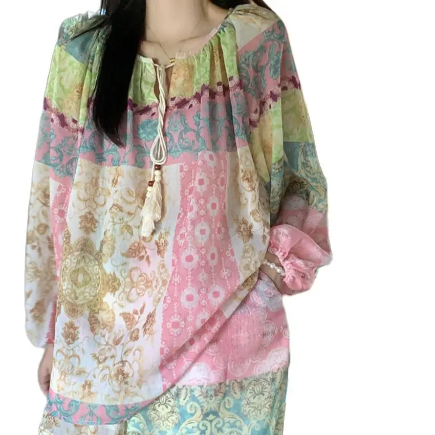 Aiertu  -  Sunscreen Printed Vintage Women Sets New Blouses India Folk Gentle Summer Full Sleeve Stylish Chic Casual Suit Shorts Aiertu