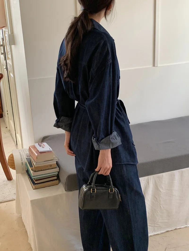 Aiertu  -  Sweet Hot Girl Suit Women's Autumn Lace-up Denim Single Breasted Shirt Loose Casual Pants Two-piece Set Fashion Female Clothes Aiertu