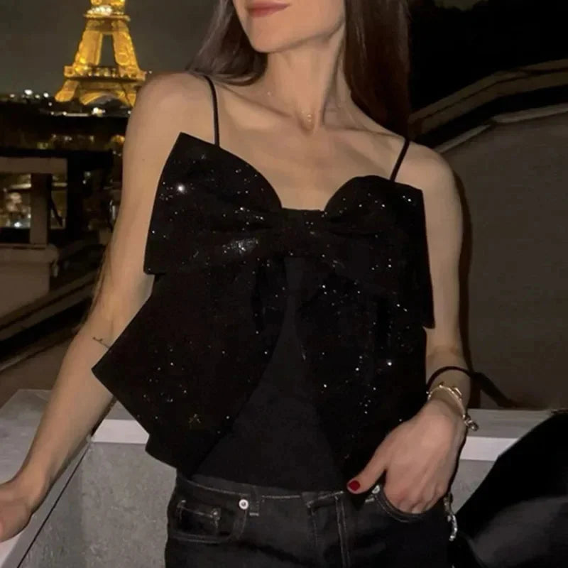 Aiertu  -  Fashion Sequined Bow Women Sling Tops Sexy Sleeveless Backless Pleated Zippers Vest 2025 Spring Lady Street Slim Waistcoat Top Aiertu