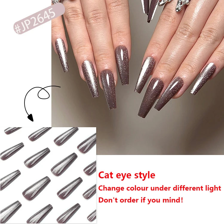 Aiertu Cat Eye Long Ballet Fake Nail Glitter Powder Raspberry Purple Blue Wearable Full Cover Finished False Art Nail Tip Press on Nail Aiertu