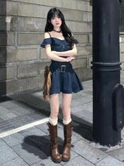 Aiertu  -  Sweet Hot Girl Retro Off Shoulder Denim Dress for Women's Summer Casual Slim Fit A-line Short Strap Dress Fashion Female Clothes Aiertu