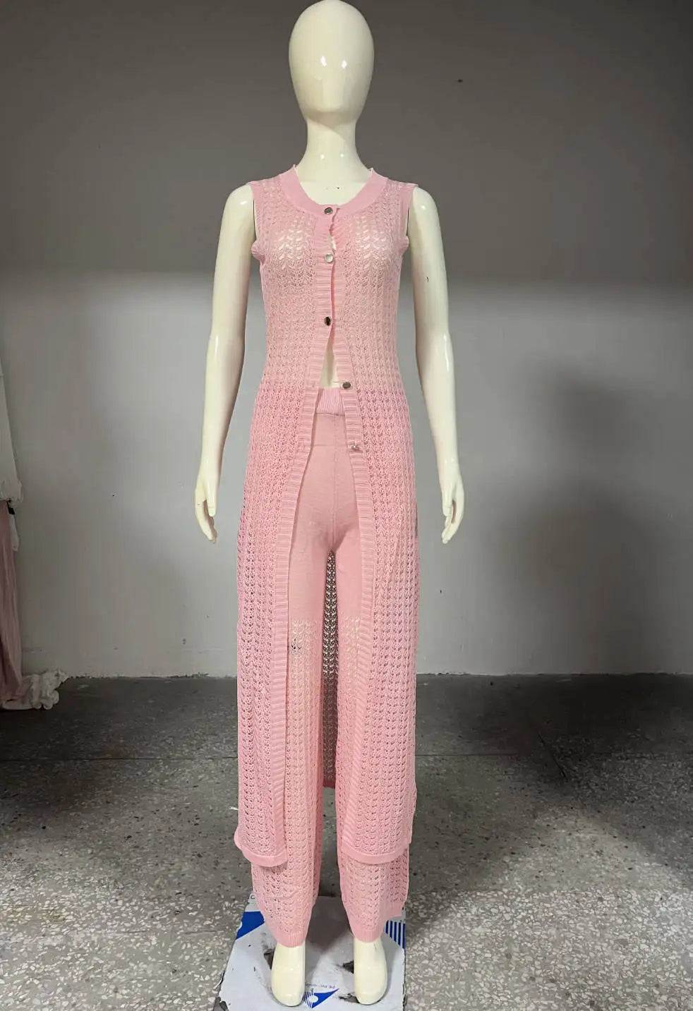 Aiertu  -  Knit Vest Cardigan Beach Dress Long Pants 2 Pieces Sets For Women Hollow Out Sexy See Through Cardigan Long Pants Sets Aiertu