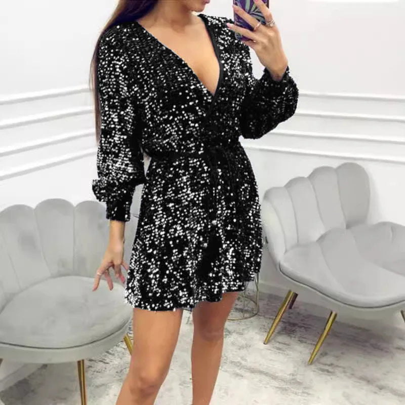 Aiertu  -  Sexy Deep V-neck Long Sleeve Mini Dress Women Fashion Shiny Sequins Lace-up A-Line Dress Fashion Hight Waist Club Party Dresses Aiertu