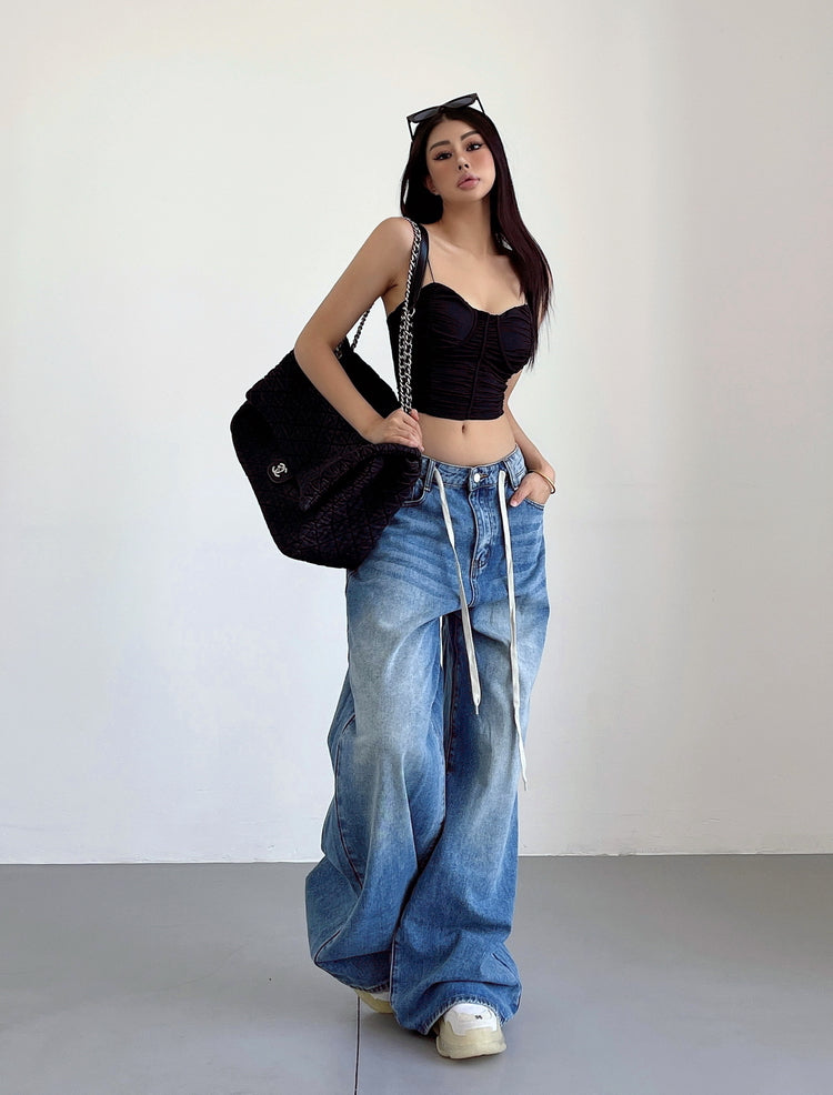 Aiertu Denim Blue Washed Low Rise Straight Leg Jeans Pants Aiertu