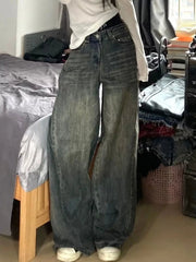 Aiertu  Y2k Vintage High Street Wide Leg Jeans Women American Retro Casual  All-match Streetwear Denim Trousers 2000s Female Aiertu